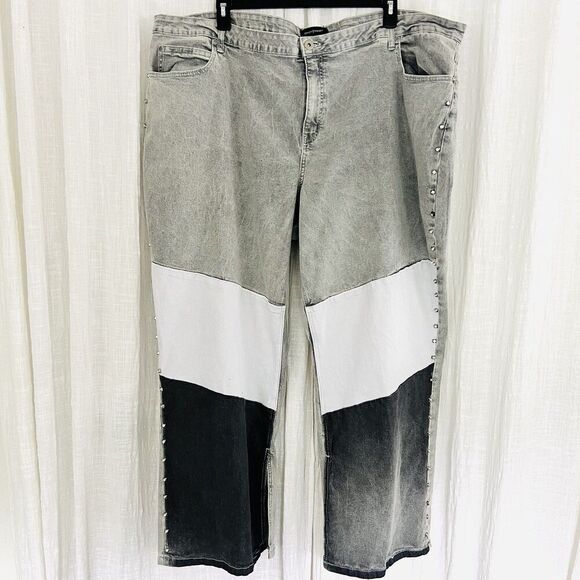 Ashley Stewart Gray & black Patchwork Rhinestone Studded Stretchy Jeans Plus 34 - Picture 1 of 9